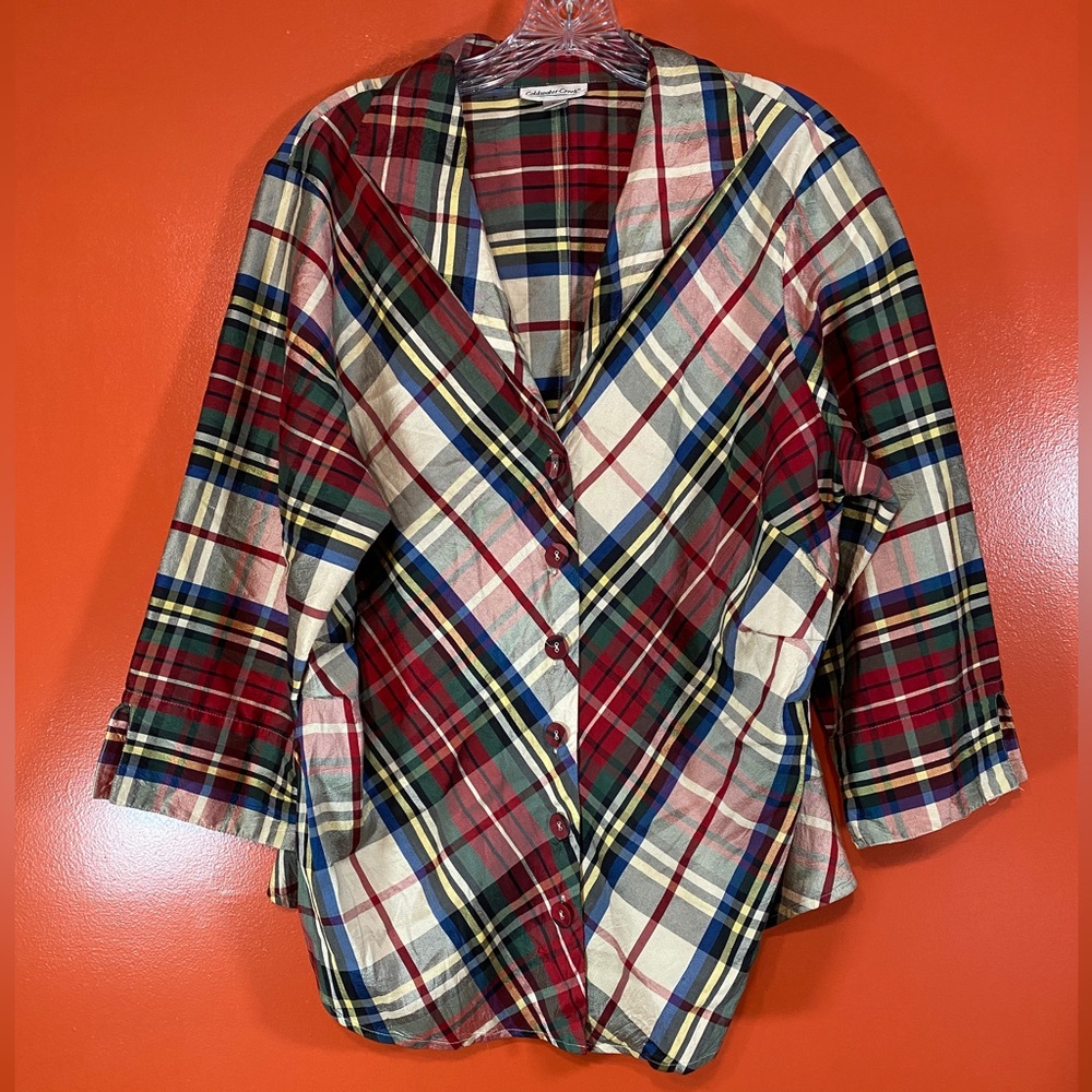Silk Plaid V-Neck Button Blouse